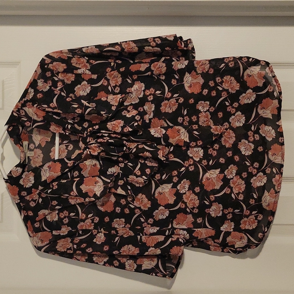 Sheer floral blouse with tie